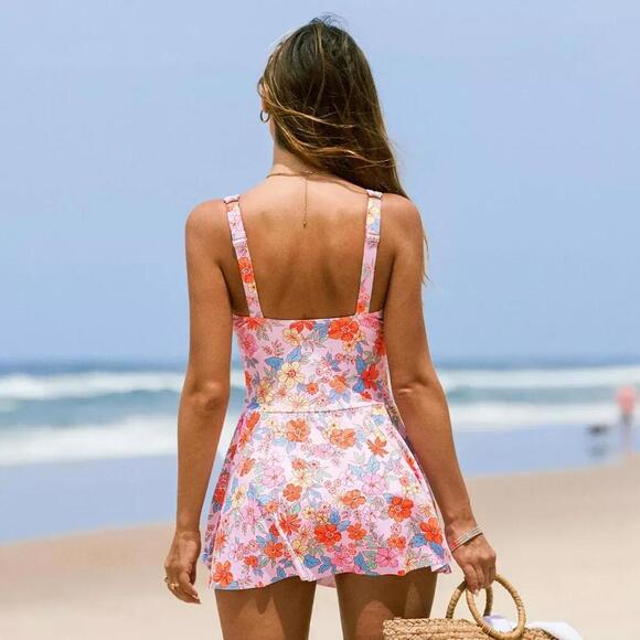 NWT Cupshe Vibrant Floral Print Tie-Front One Piece Swim Dress - Size Medium - Picture 3 of 3